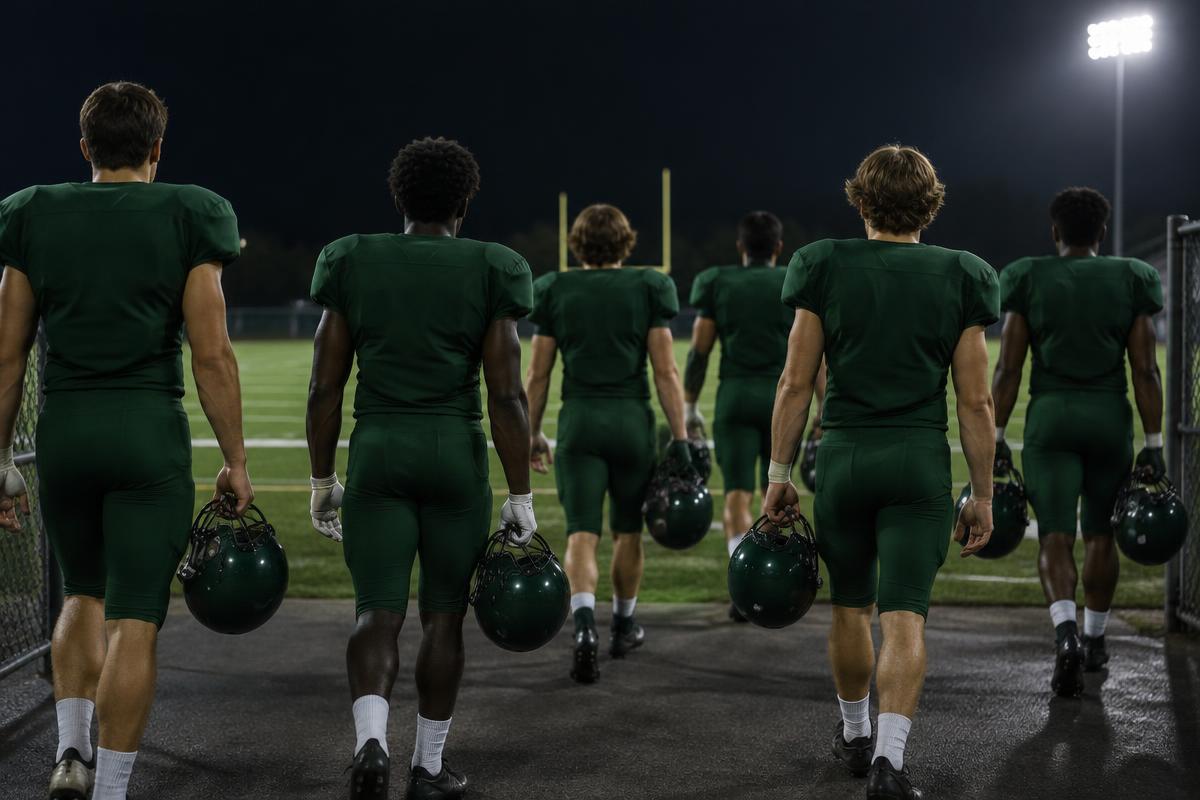 Student athletes in plain uniforms walking onto a field at night, seen from behind