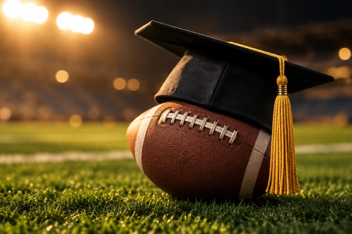 Graduation cap with a gold tassel resting on a football under stadium lights