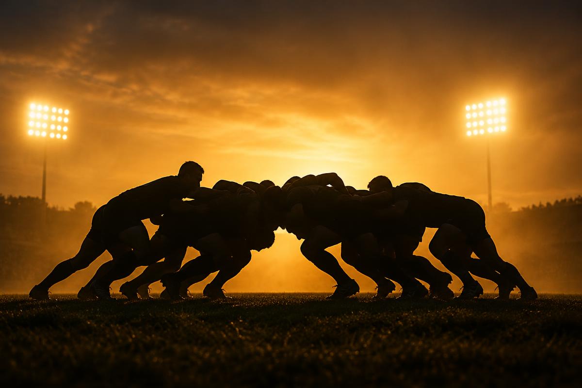 Silhouette of a rugby scrum against a golden stadium light haze